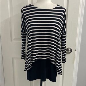 Joseph Ribkoff Black & White Striped Tiered Tunic Top Round Neck 3/4 Sleeve Sz.4